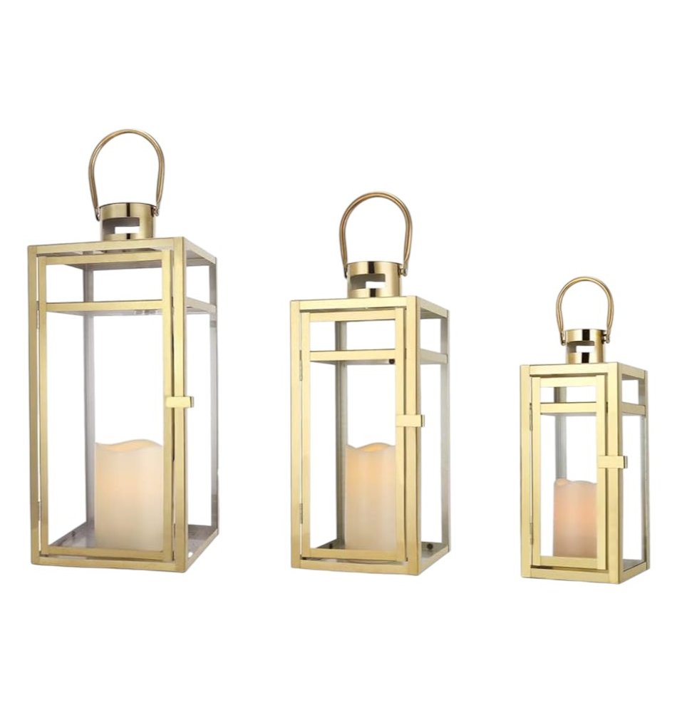 Set of Three Clear And Gold Glass And Stainless Steel Tabletop Lantern Candle Holders