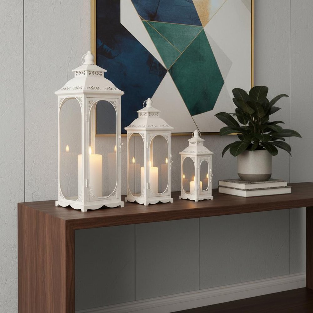 Set of Three Clear And White Glass And Metal Floor Lantern Candle Holders