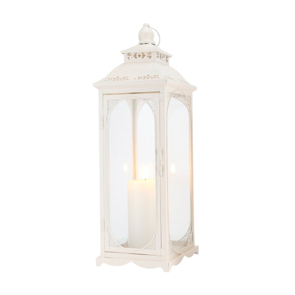 Set of Three Clear And White Glass And Metal Floor Lantern Candle Holders