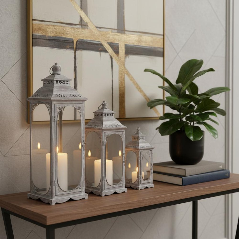 Set of Three Clear And Gray Glass And Metal Tabletop Lantern Candle Holders