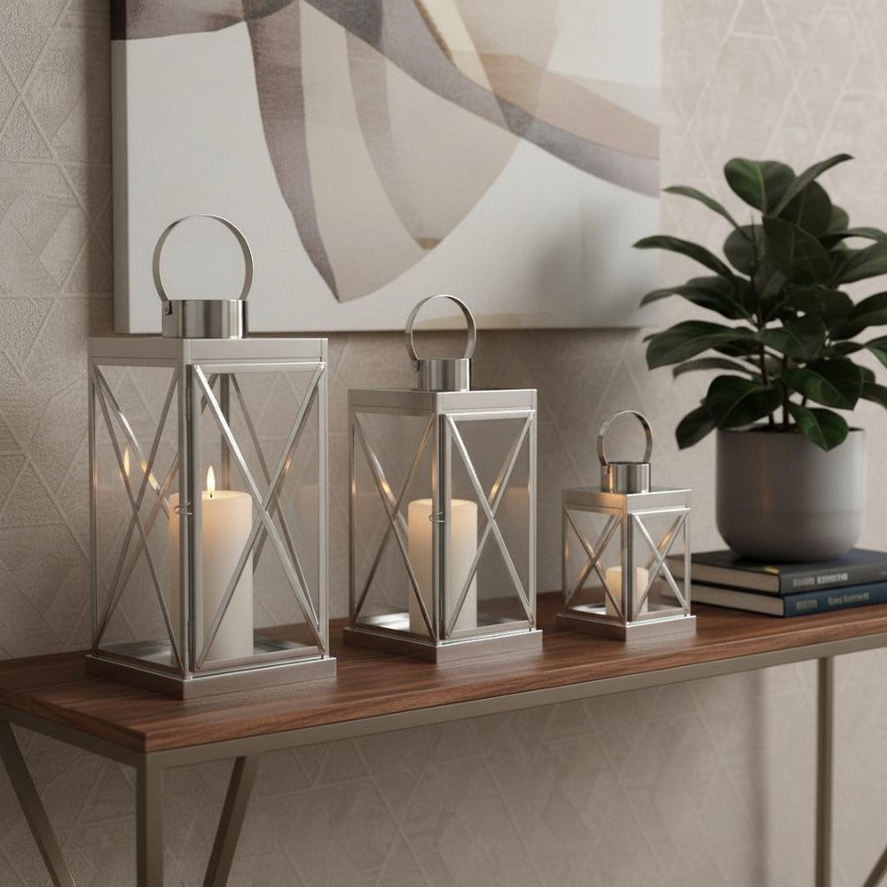 Set of Three Clear And Silver Glass And Stainless Steel Tabletop Lantern Candle Holders