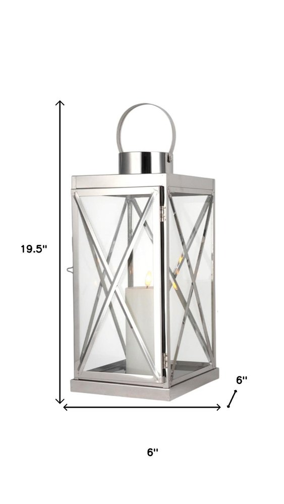 Set of Three Clear And Silver Glass And Stainless Steel Tabletop Lantern Candle Holders
