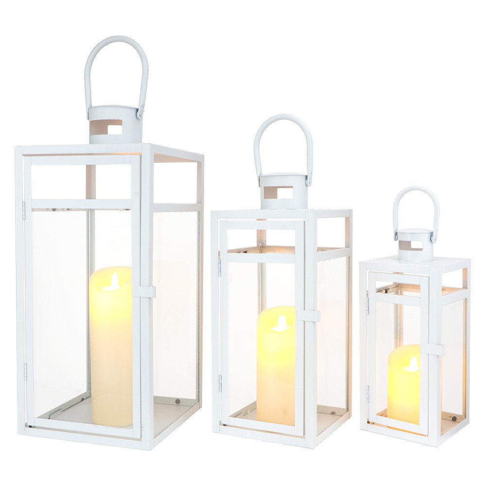 Set of Three Clear And White Glass And Stainless Steel Tabletop Lantern Candle Holders
