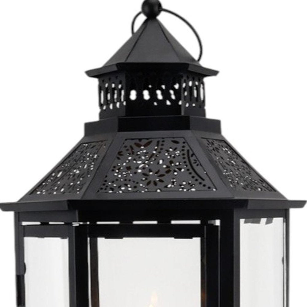 Set of Three Clear And Black Glass And Metal Floor Lantern Candle Holders