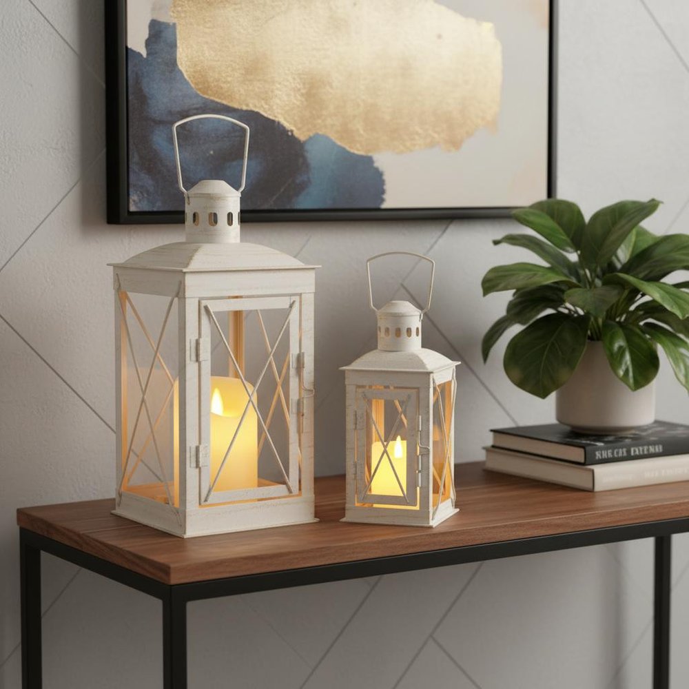 Set of Two Clear And White Glass And Metal Tabletop Lantern Candle Holders