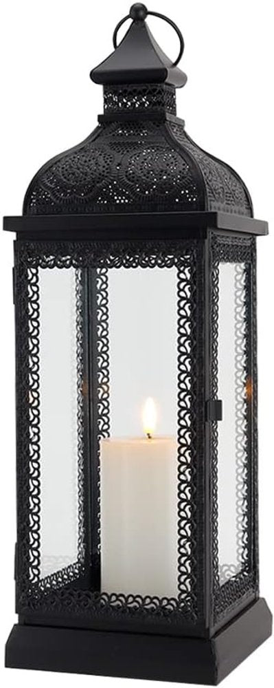18" Clear And Black Glass And Metal Filigree Tabletop Lantern Candle Holder
