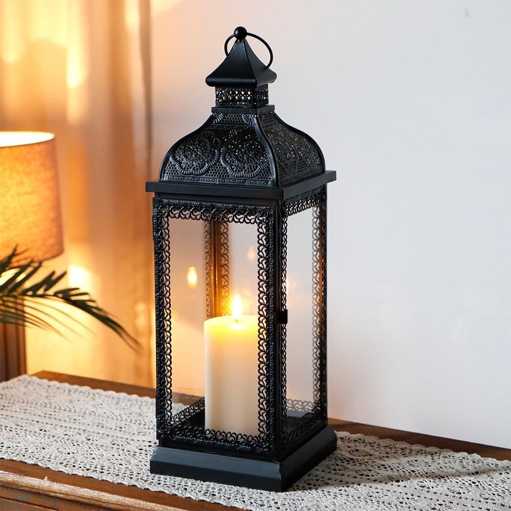 18" Clear And Black Glass And Metal Filigree Tabletop Lantern Candle Holder
