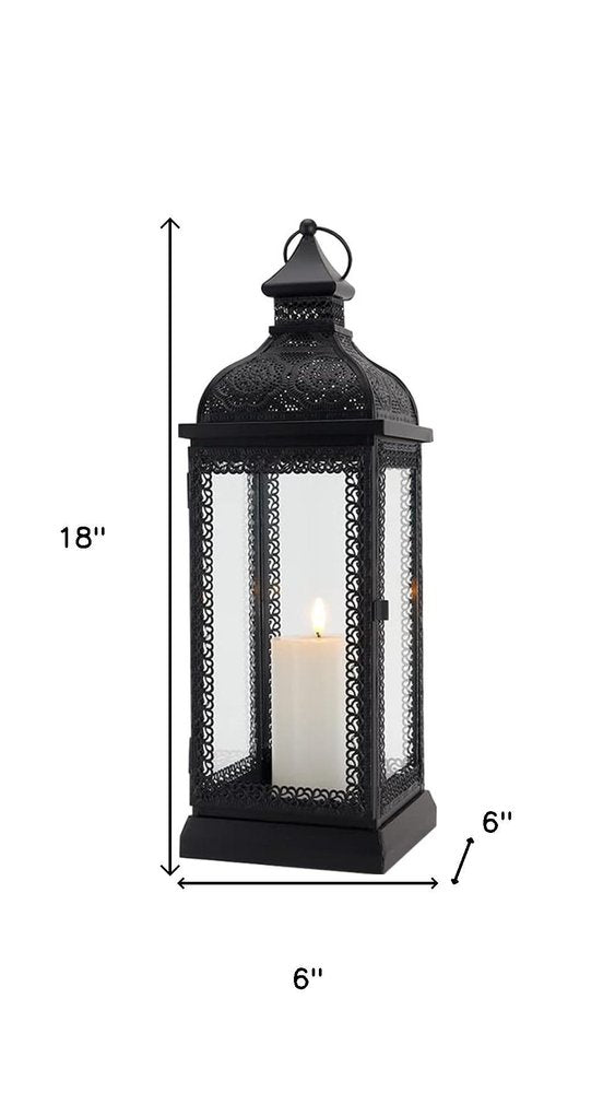 18" Clear And Black Glass And Metal Filigree Tabletop Lantern Candle Holder