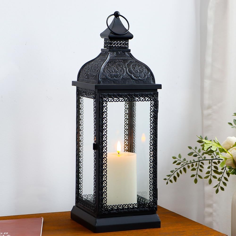 18" Clear And Black Glass And Metal Filigree Tabletop Lantern Candle Holder