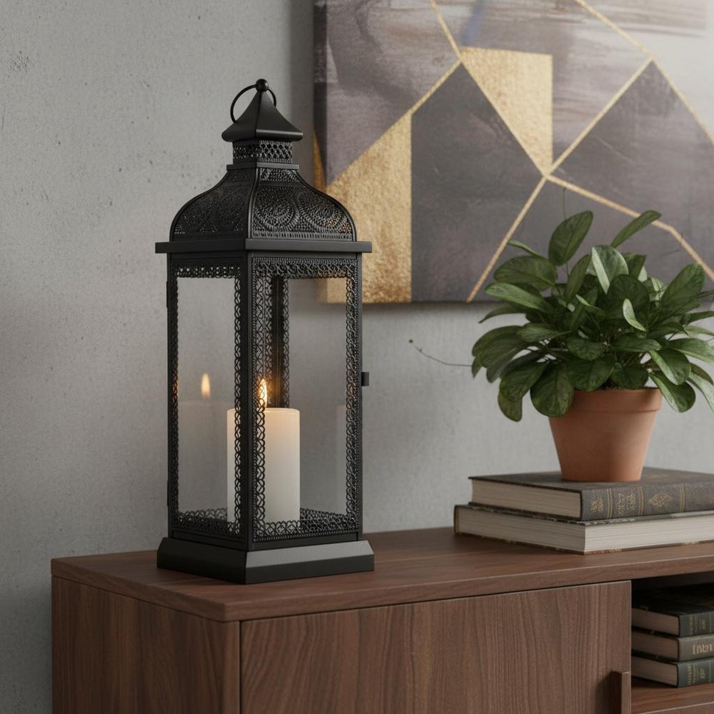 18" Clear And Black Glass And Metal Filigree Tabletop Lantern Candle Holder