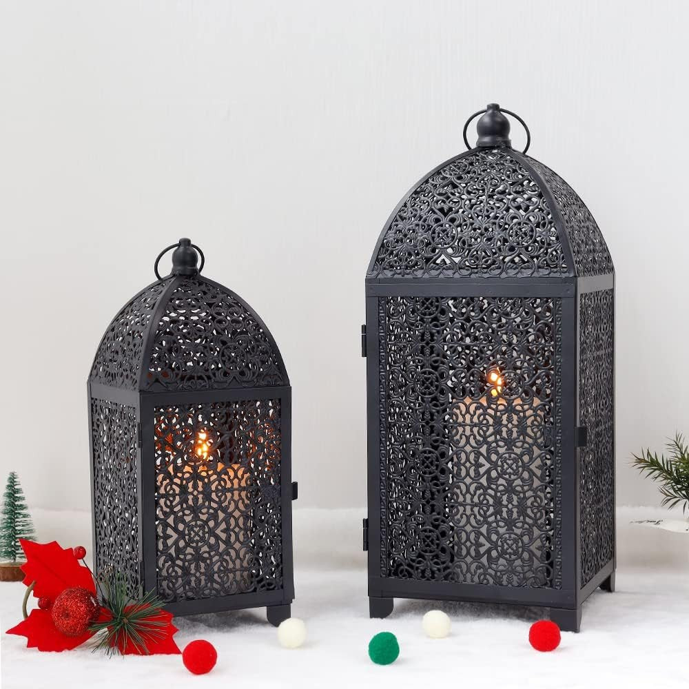 Set of Two Black Metal Filigree Tabletop Lantern Candle Holders