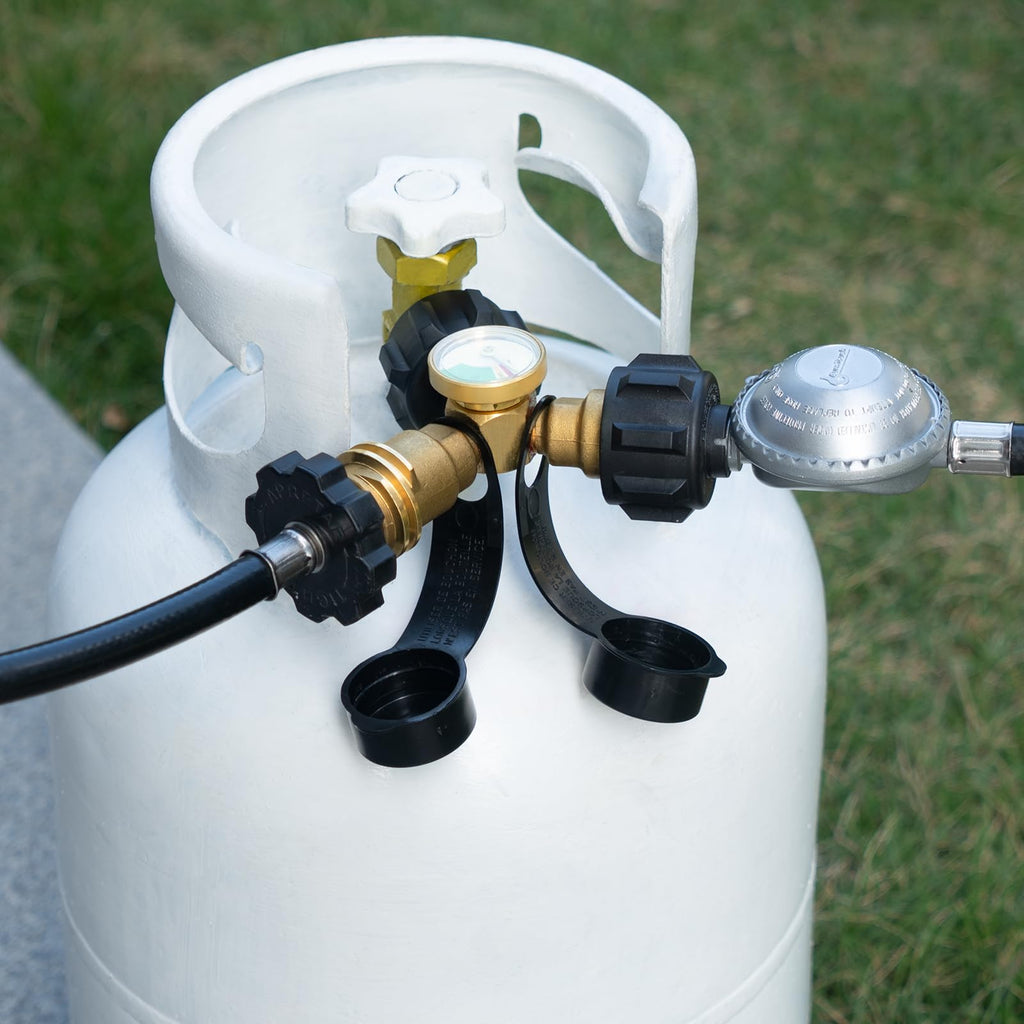GASPRO Propane Splitter & Gauge, 2-Way for 5-20LB Tanks, Heaters, Stoves, Grills