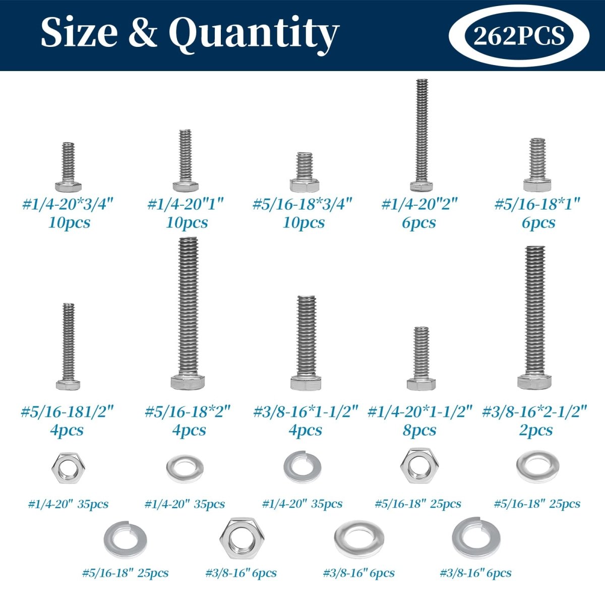 292 Pcs 304 Stainless Steel Bolts and Nuts Kit, A2 Hex Head Flange Nut and Bolt Set M6 M8 M10