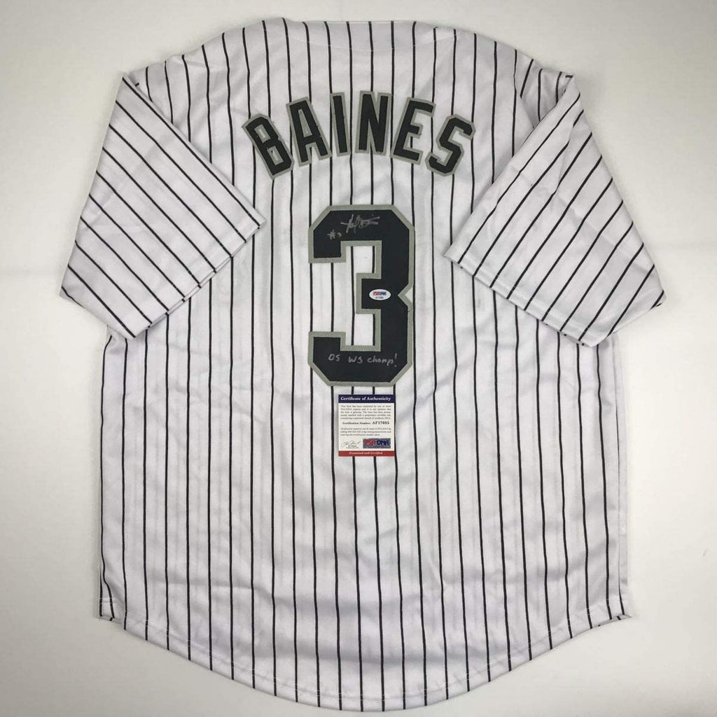 Autographed/Signed Harold Baines 05 WS Champs Chicago Pinstripe Baseball Jersey PSA/DNA COA