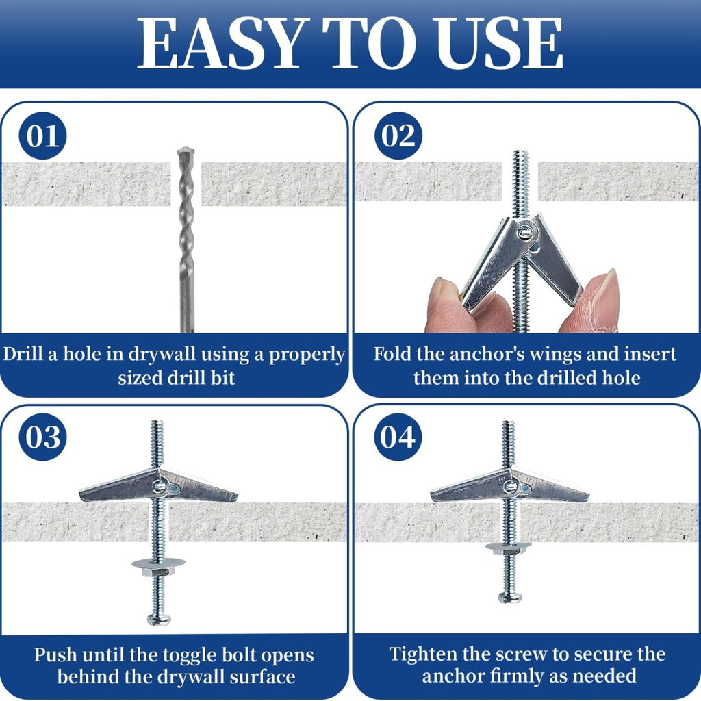 Heavy Duty Toggle Bolts and Wing Nut Kit 50 Sets- 1/8'', 3/16'', 1/4'' Drywall Anchors & Screws Assortment with Nuts & Washers for Wall Mounting & Hanging