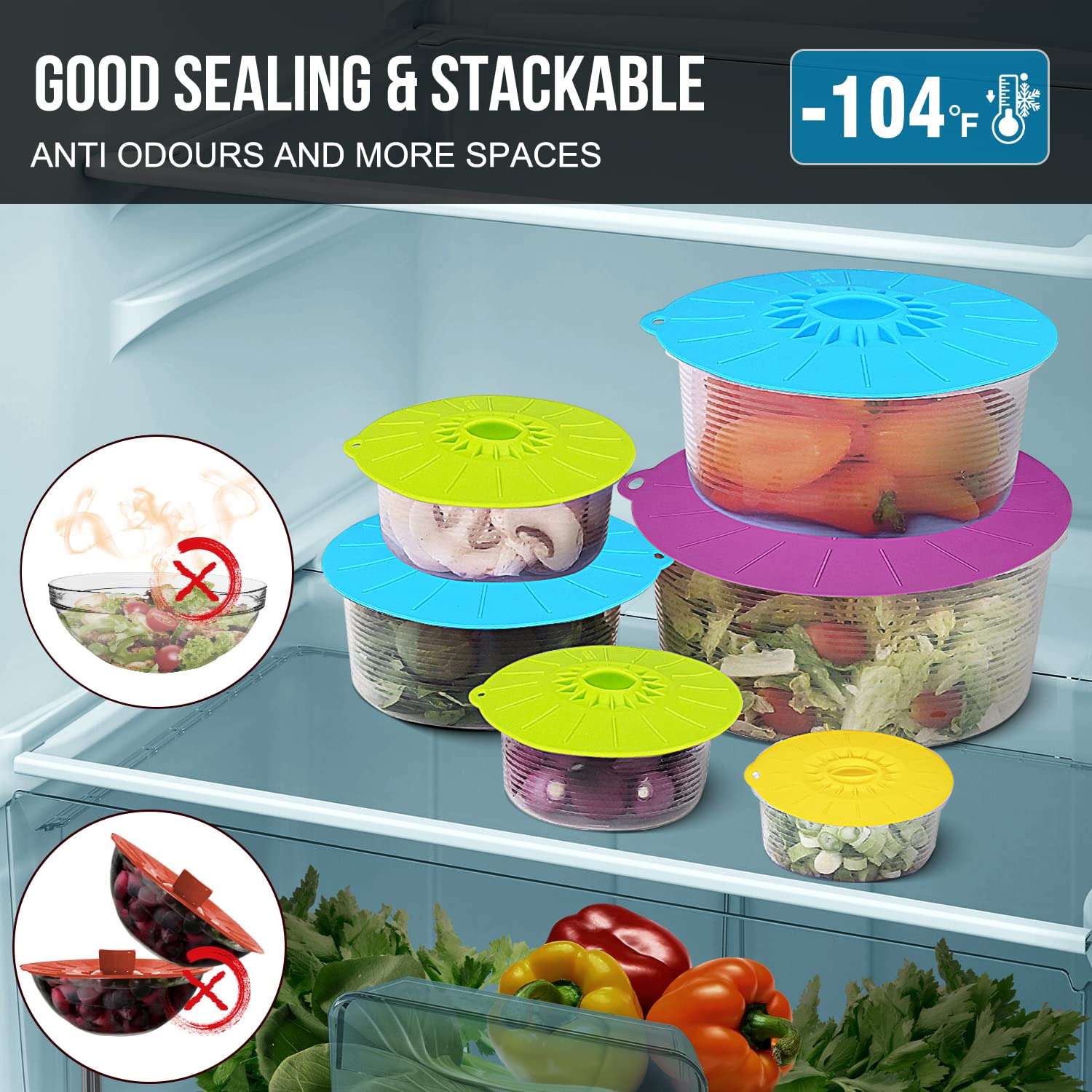 Silicone lids - 5 Pack Heat Resistant Microwave Splatter Cover, Reusable silicone Suction lids for food storage Fits Bowls, Cups, Skillets, Plates, Pots, Pans StoveTop, Oven, Fridge Safe