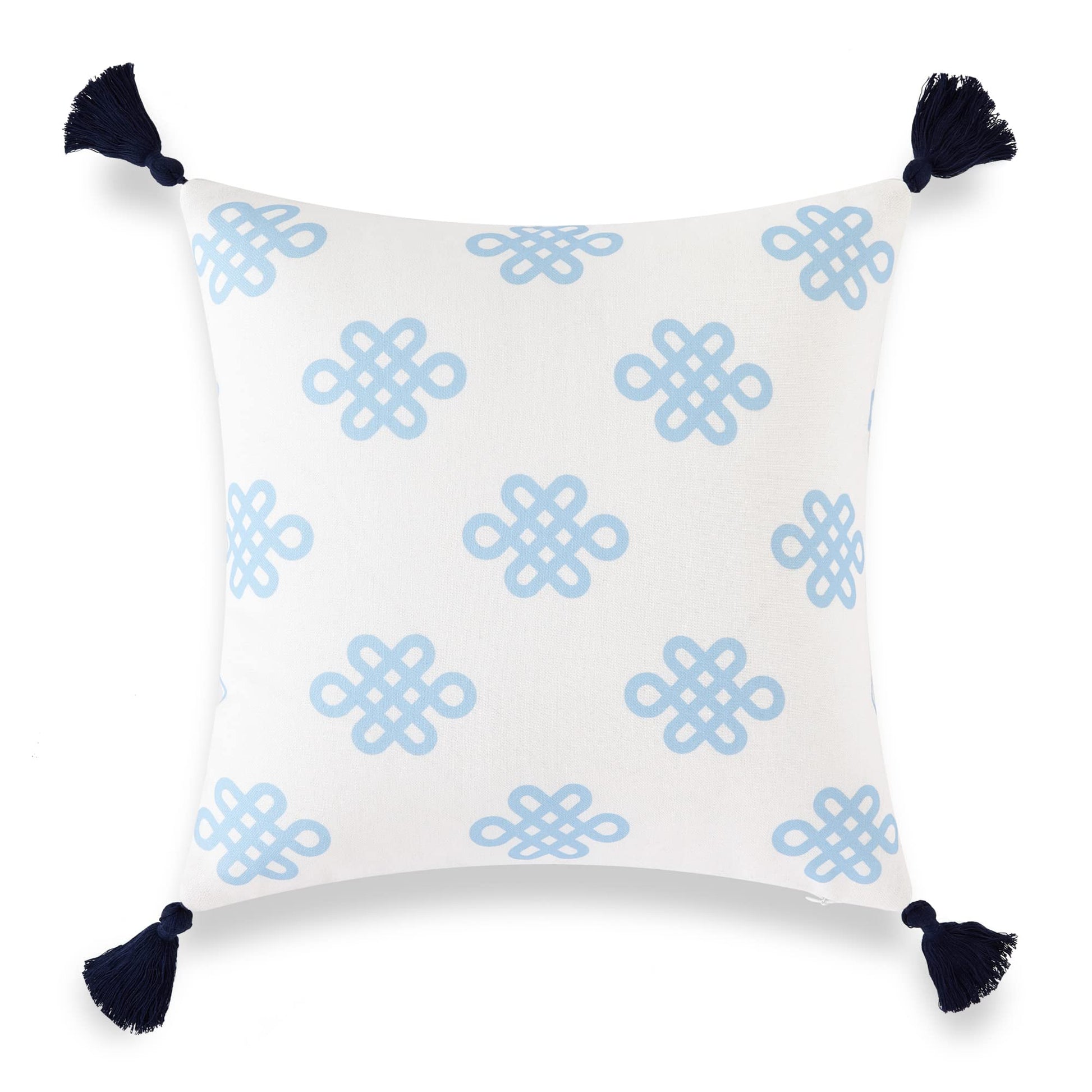 Coastal Patio Indoor Outdoor Pillow Cover Only Blue Greek Key Knot Tassel, 18"x18"