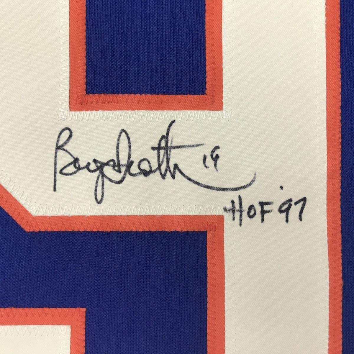 Framed Autographed/Signed Bryan Trottier HOF 97 35x39 New York Blue Hockey Jersey JSA COA