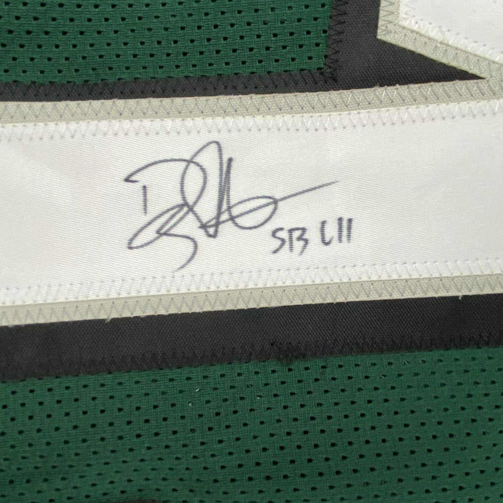 Autographed/Signed Doug Pederson SB LII Philadelphia Green Football Jersey JSA COA