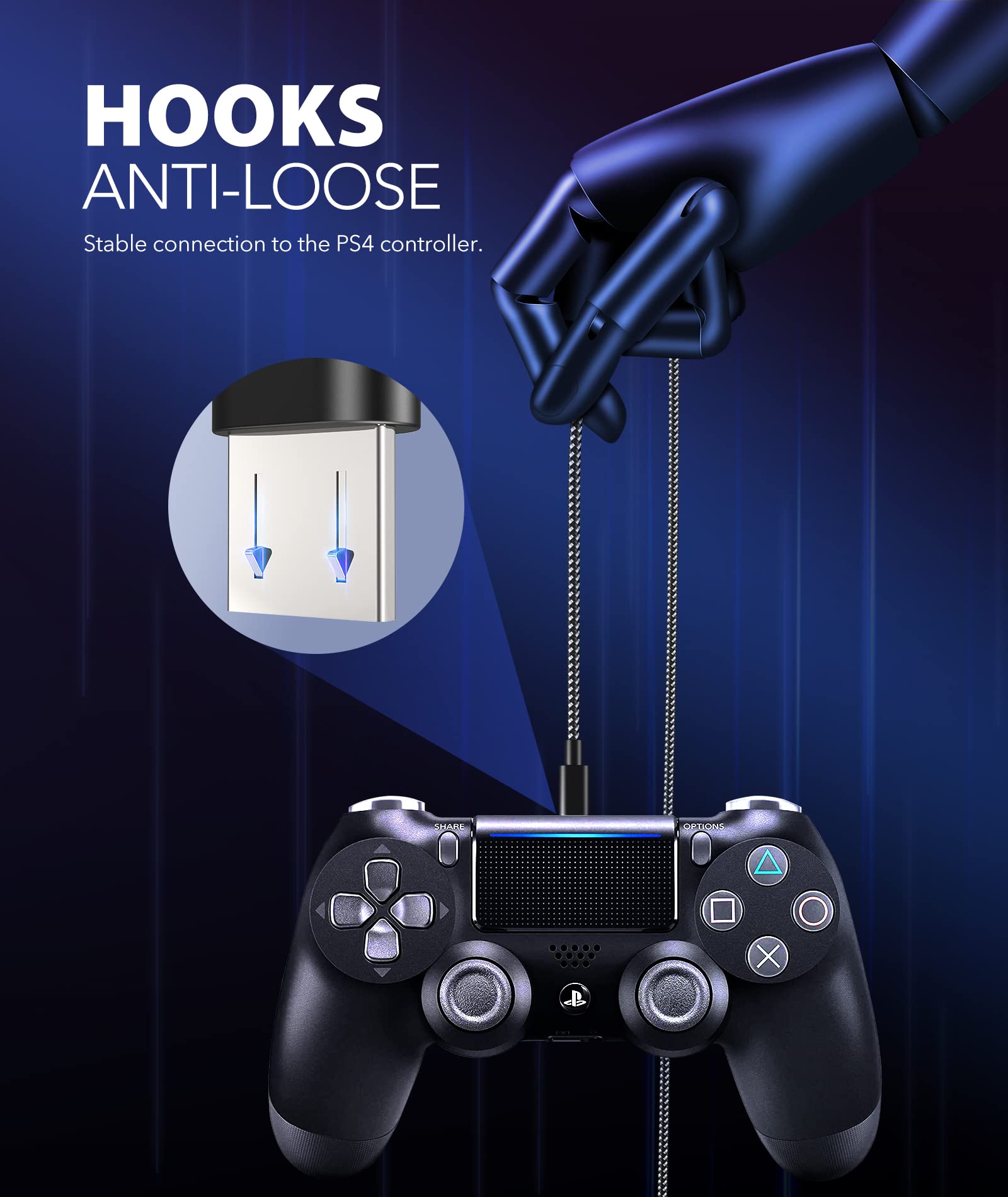 PS4 Controller Charger 4 Cables 10ft Nylon Braided Micro USB Charging Cable