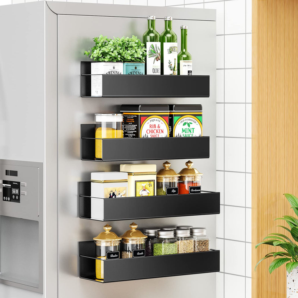 4 Pack Moveable Fridge Magnetic Spice Racks, Metal - Black