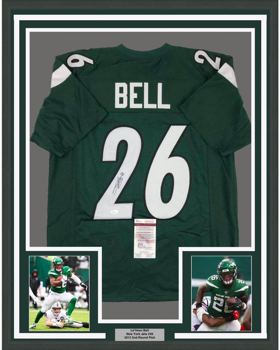 Framed Autographed/Signed Le'Veon LeVeon Bell 35x39 New York Green Football Jersey JSA COA