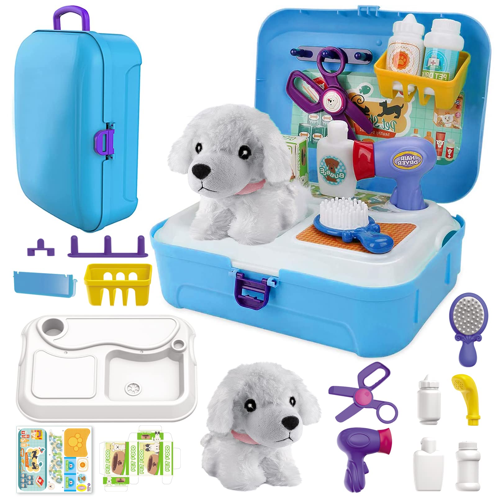 Pet Dog Care Play Set Doctor Kit for Kids 16 Pcs Pretend Vet Grooming Toys