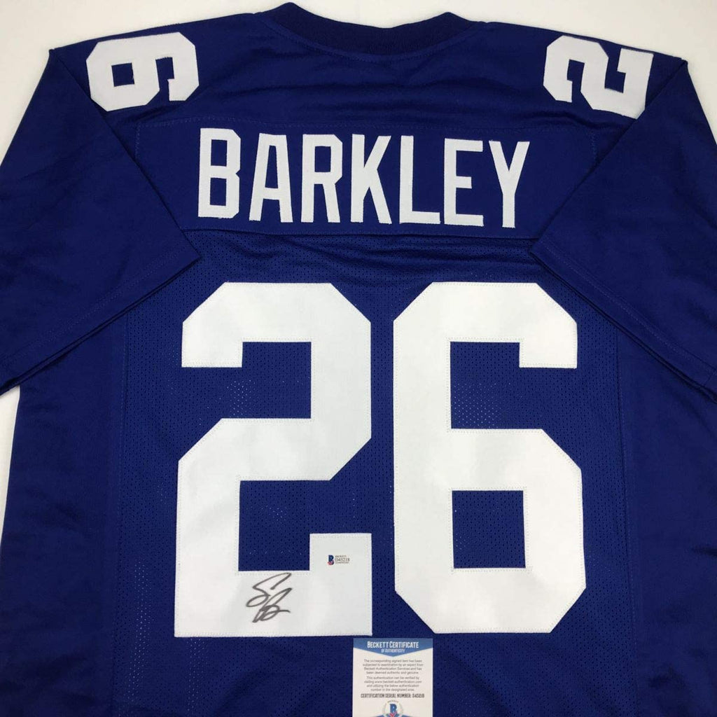 Autographed/Signed Saquon Barkley New York Blue Football Jersey Beckett BAS COA