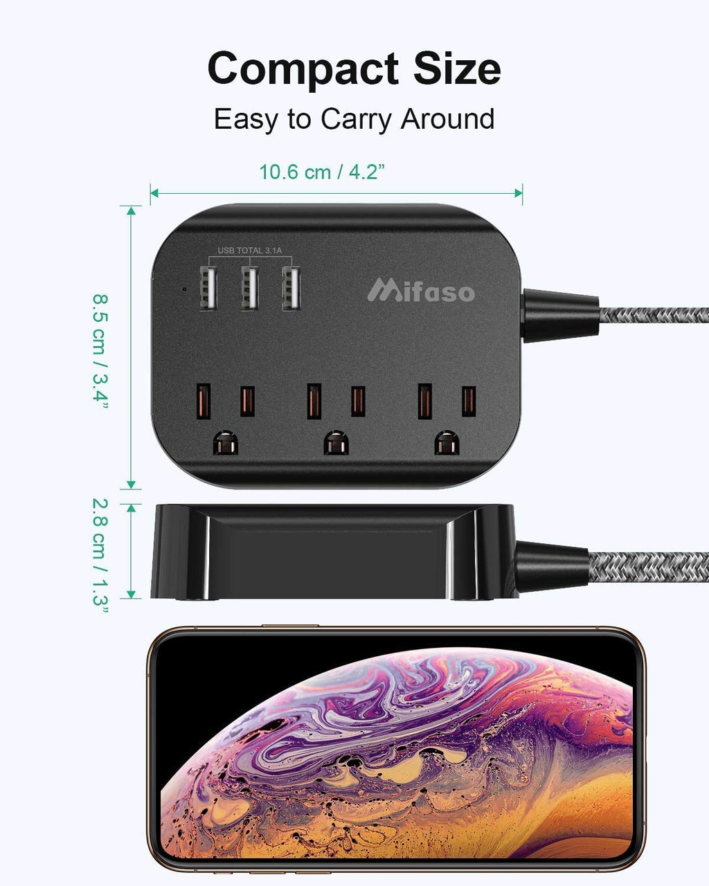 Power Strip w/ Flat Plug, 3 Outlets + 3 USB Ports, 3.1A, 5ft Cord, Cruise/Dorm