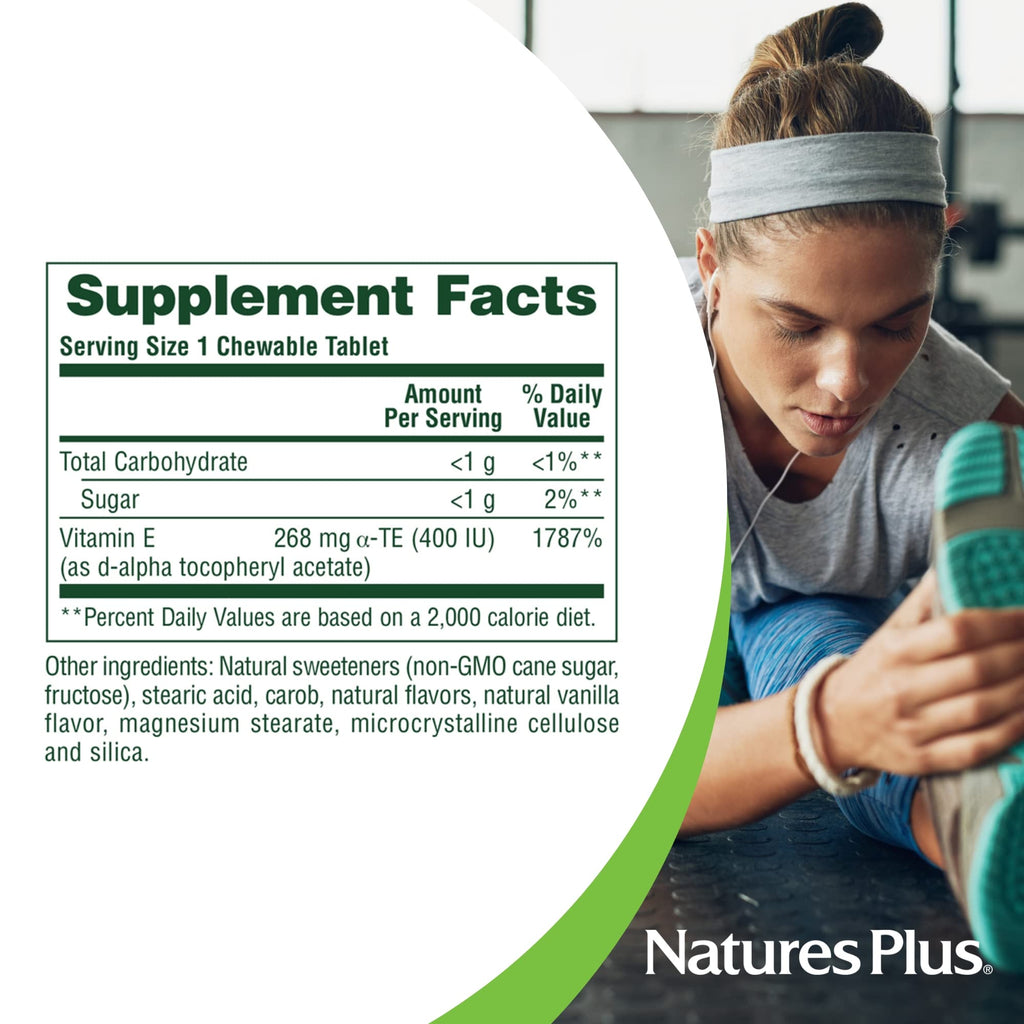 NaturesPlus Vitamin E Chewable - 400 iu, 90 Vegetarian Tablets - Carob Flavor EXP 7/2025