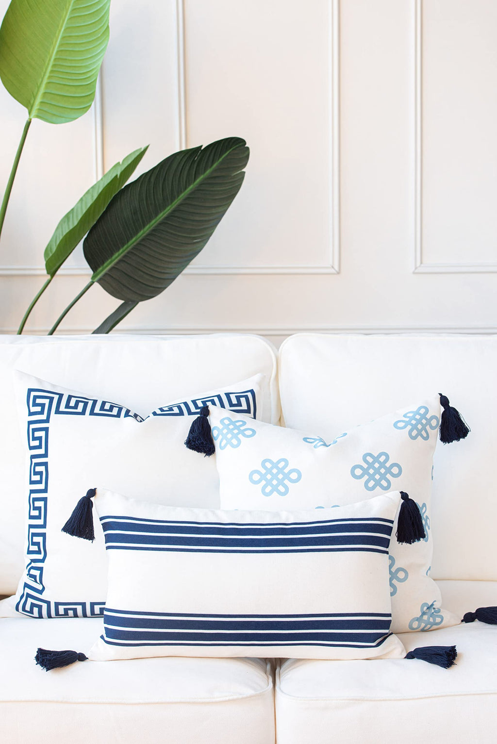 Coastal Patio Indoor Outdoor Pillow Cover Only Blue Greek Key Knot Tassel, 18"x18"