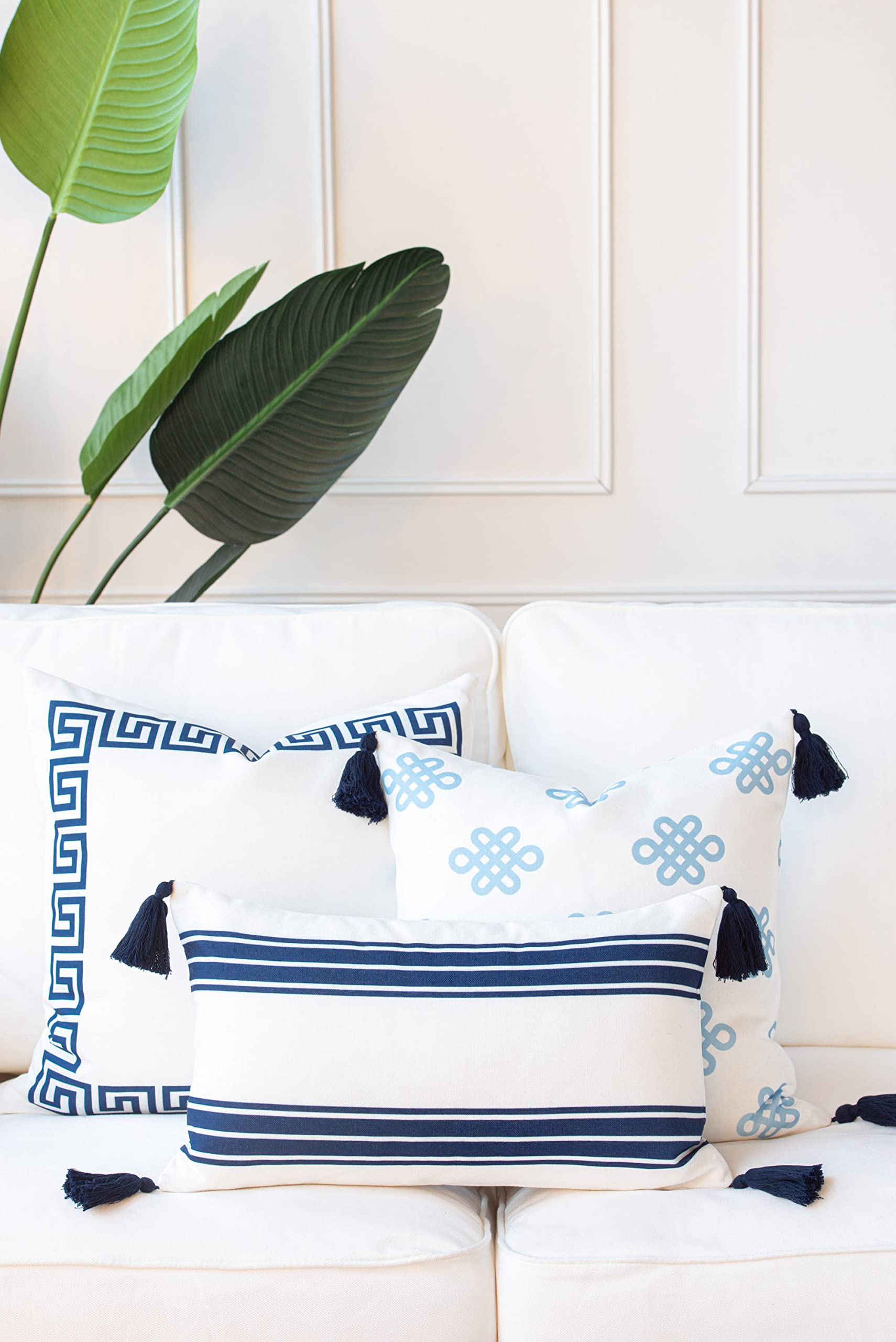 Coastal Patio Indoor Outdoor Pillow Cover Only Blue Greek Key Knot Tassel, 18"x18"