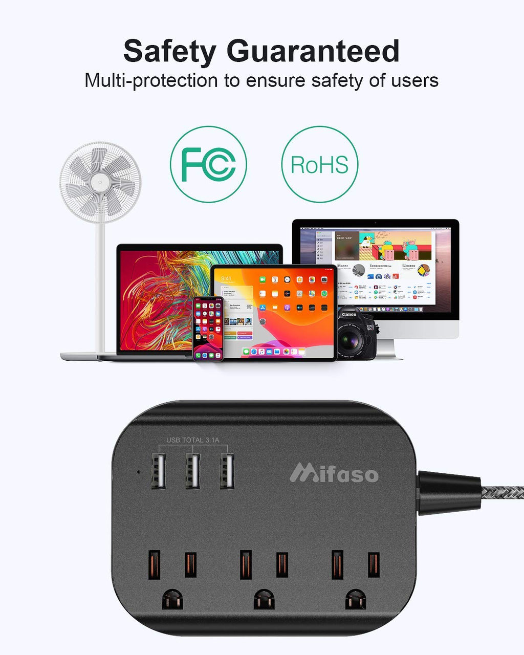 Power Strip w/ Flat Plug, 3 Outlets + 3 USB Ports, 3.1A, 5ft Cord, Cruise/Dorm