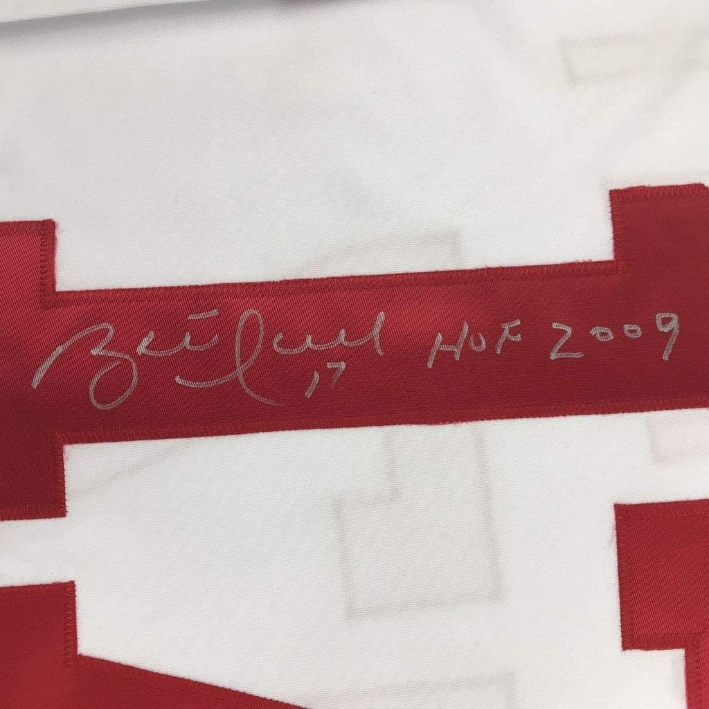 Framed Autographed/Signed Brett Hull HOF 2009 35x39 Detroit White Hockey Jersey JSA COA