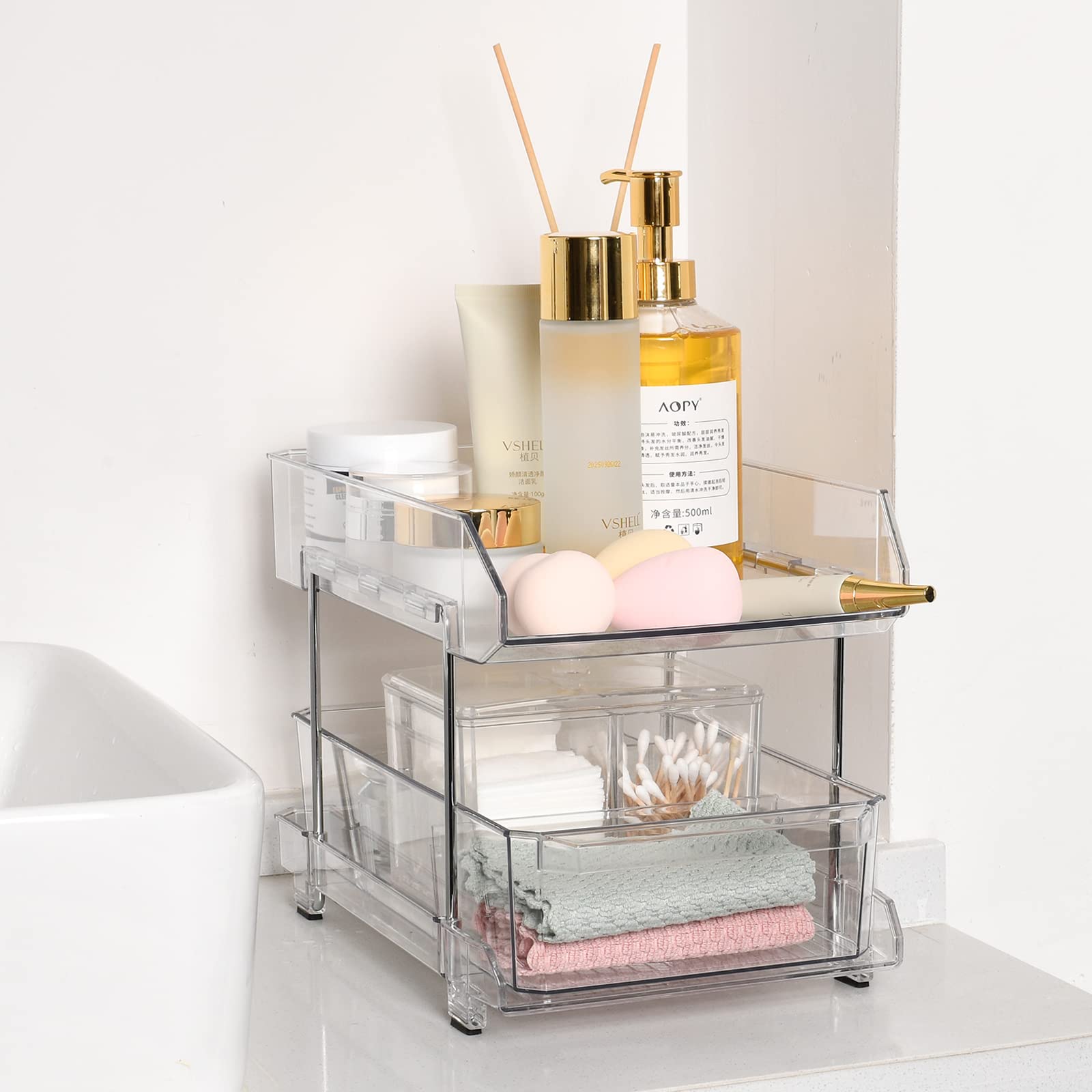 Simetufy 2 Tier Clear Organizer with Dividers, Multi-Purpose Slide-Out