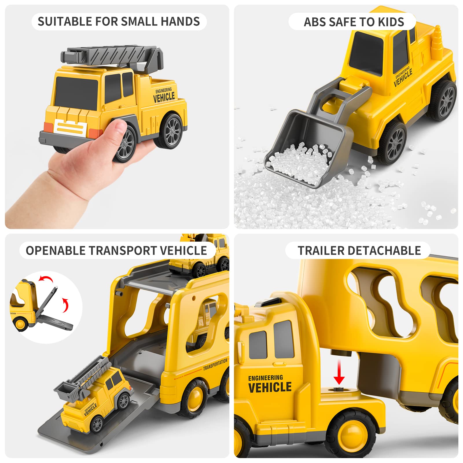 Construction Truck Toys Cars for Toddlers 3-6, 7-in-1 Friction Power Vehicle