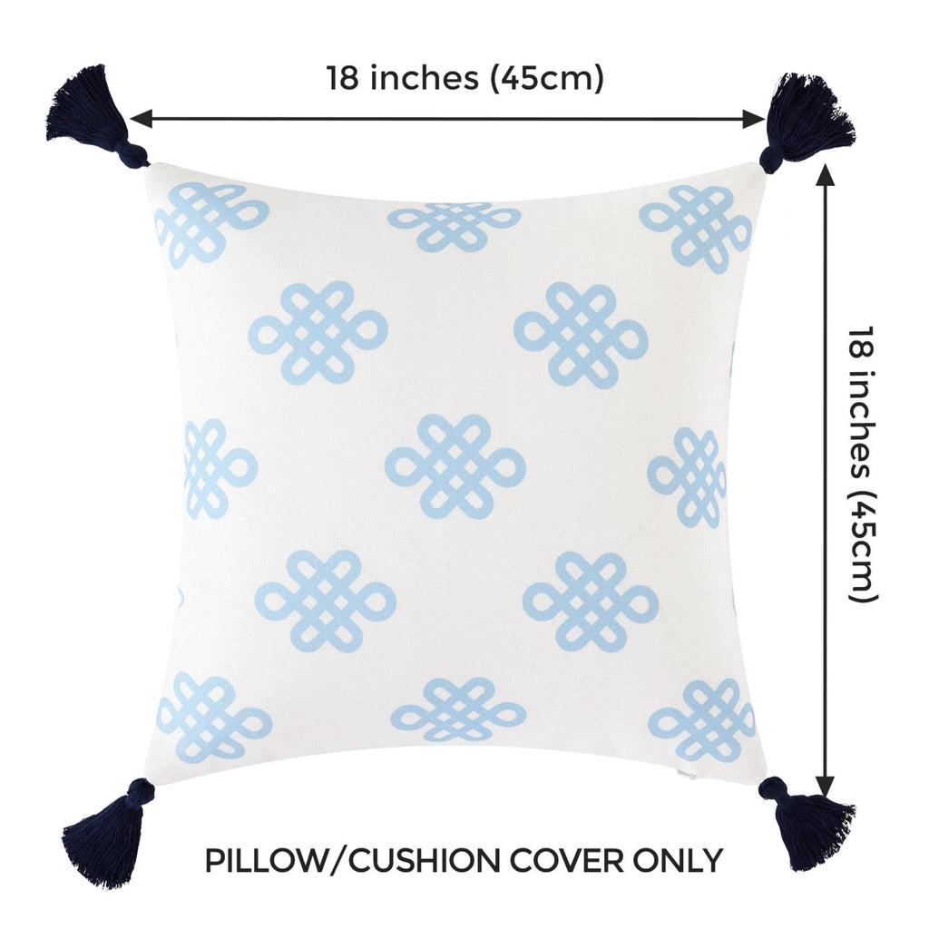 Coastal Patio Indoor Outdoor Pillow Cover Only Blue Greek Key Knot Tassel, 18"x18"