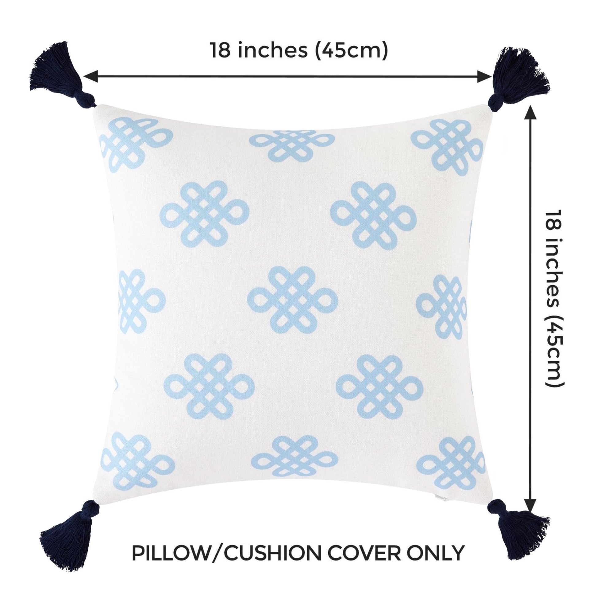Coastal Patio Indoor Outdoor Pillow Cover Only Blue Greek Key Knot Tassel, 18"x18"