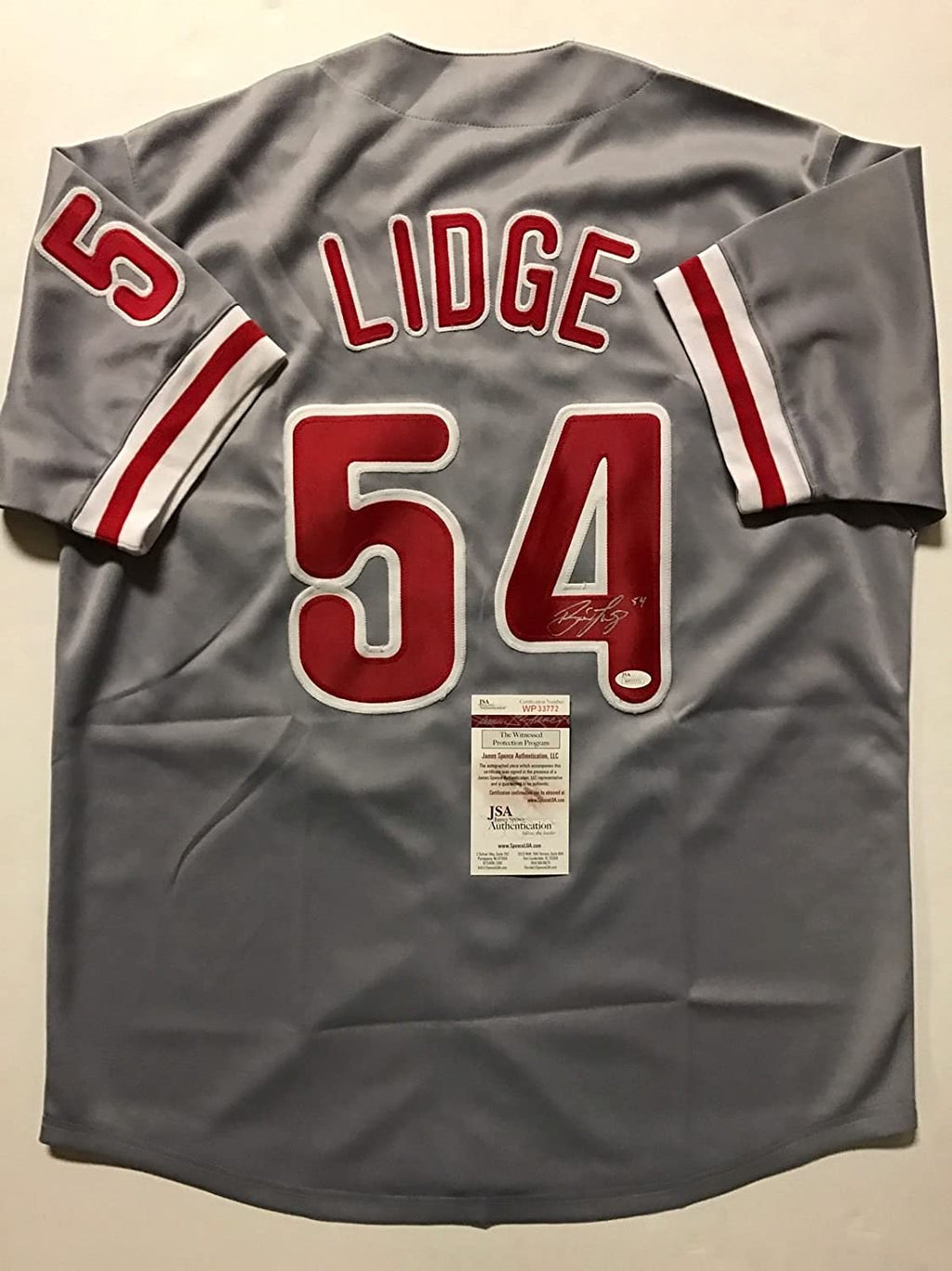 Autographed/Signed Brad Lidge Philadelphia Grey Baseball Jersey JSA COA