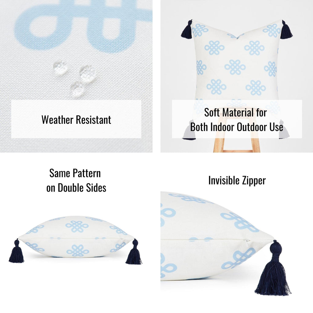 Coastal Patio Indoor Outdoor Pillow Cover Only Blue Greek Key Knot Tassel, 18"x18"