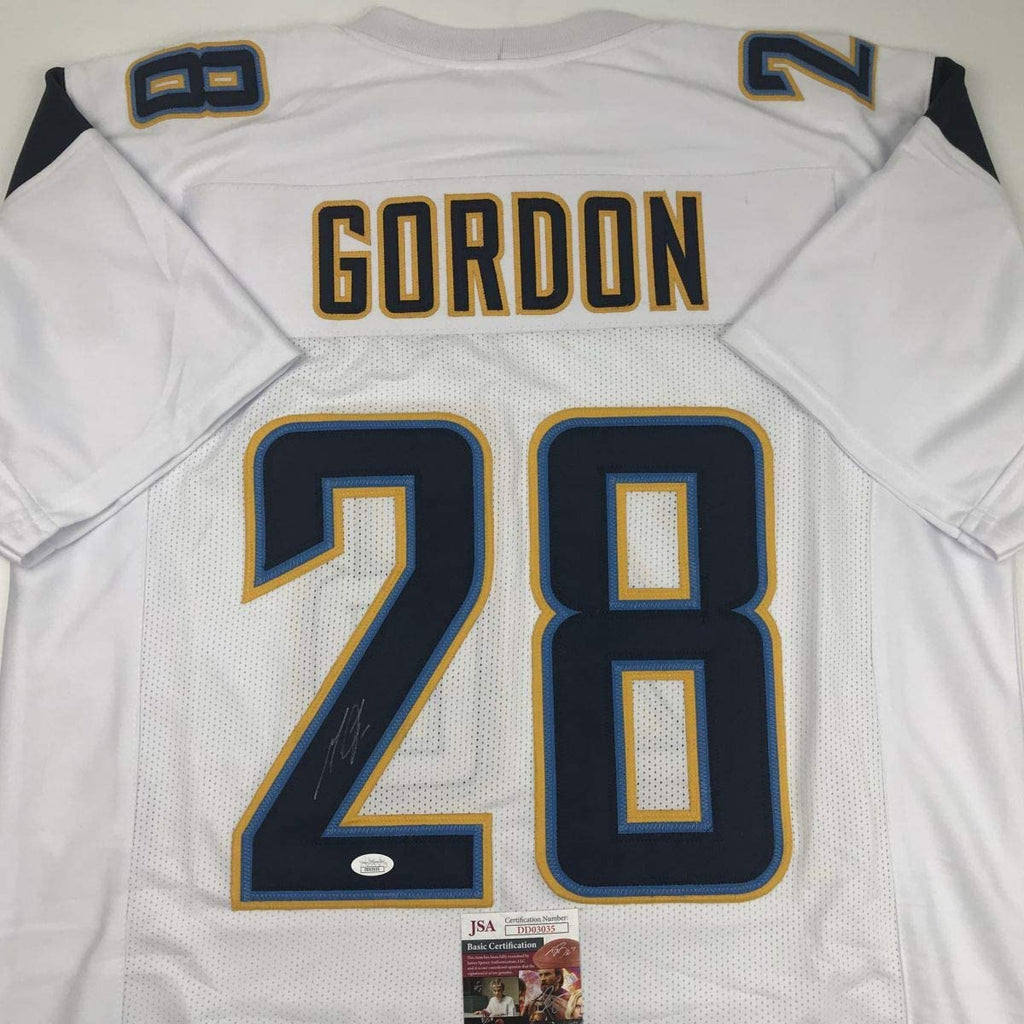 Autographed/Signed Melvin Gordon Los Angeles LA White Football Jersey JSA COA