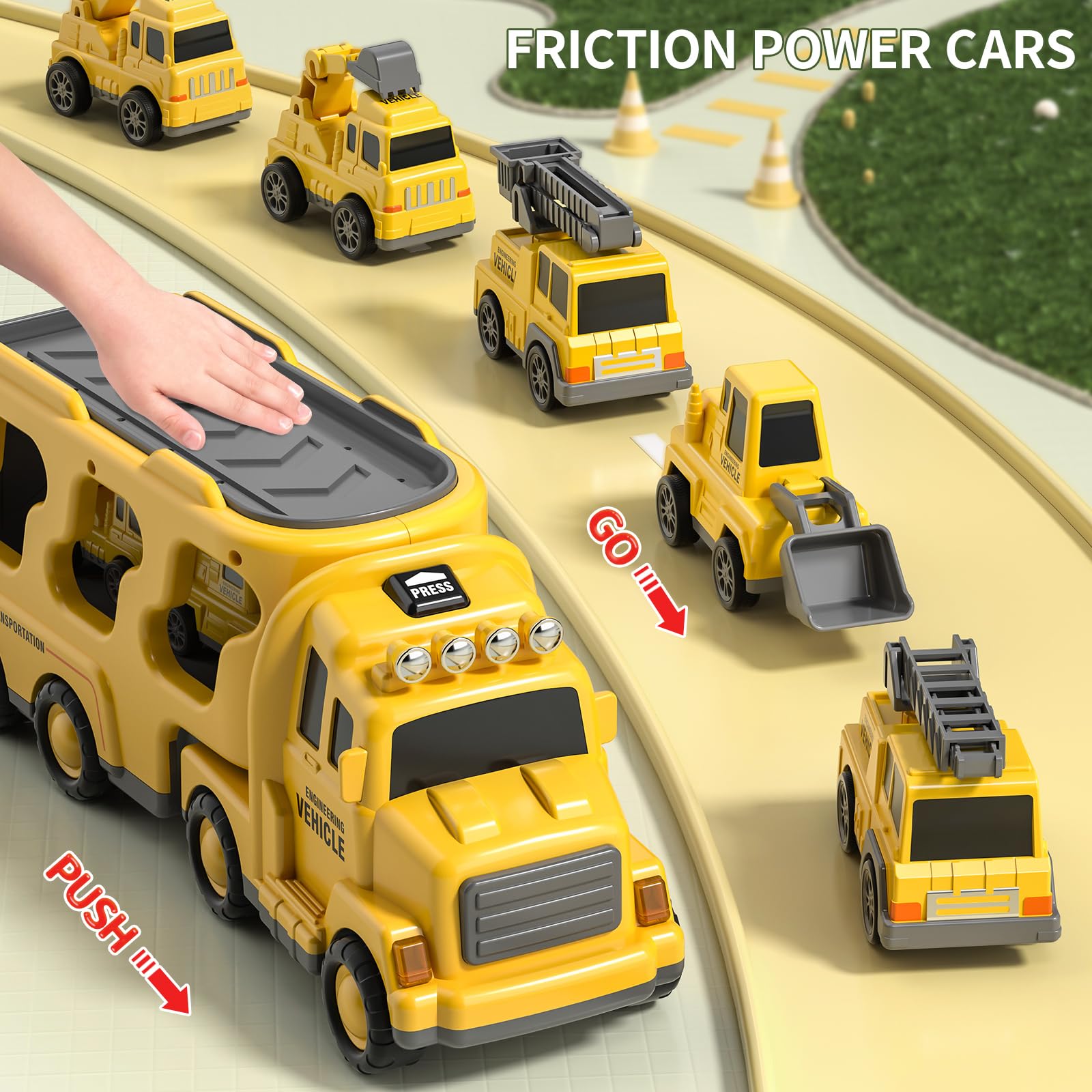 Construction Truck Toys Cars for Toddlers 3-6, 7-in-1 Friction Power Vehicle