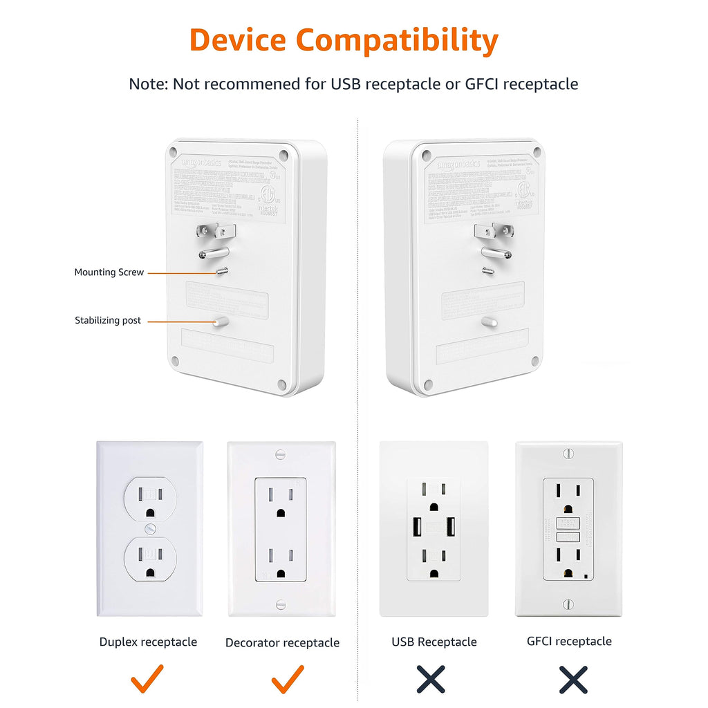 6 Outlet Rectangle Wall-Mount Surge Protector, 1080 Joules, White