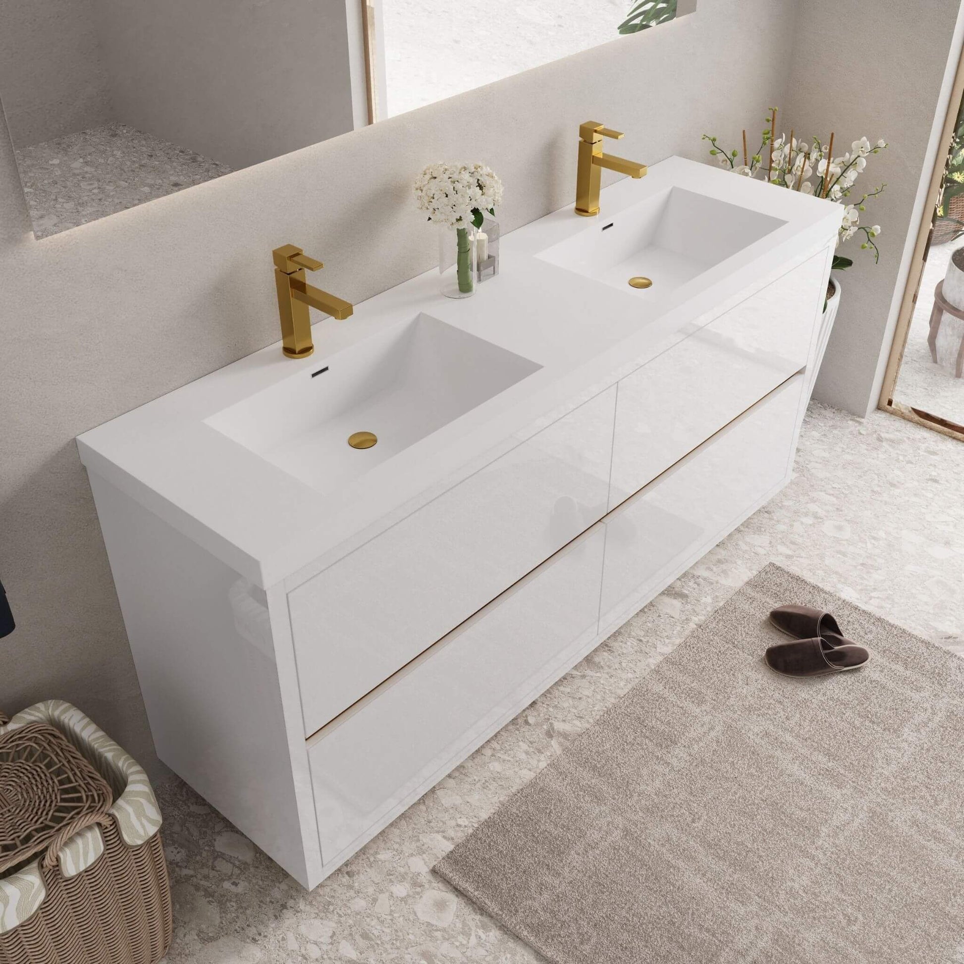 Nuvia 72-Inch White Freestanding Bathroom Vanity With Sink And Stone Resin Countertop (SAK23894)