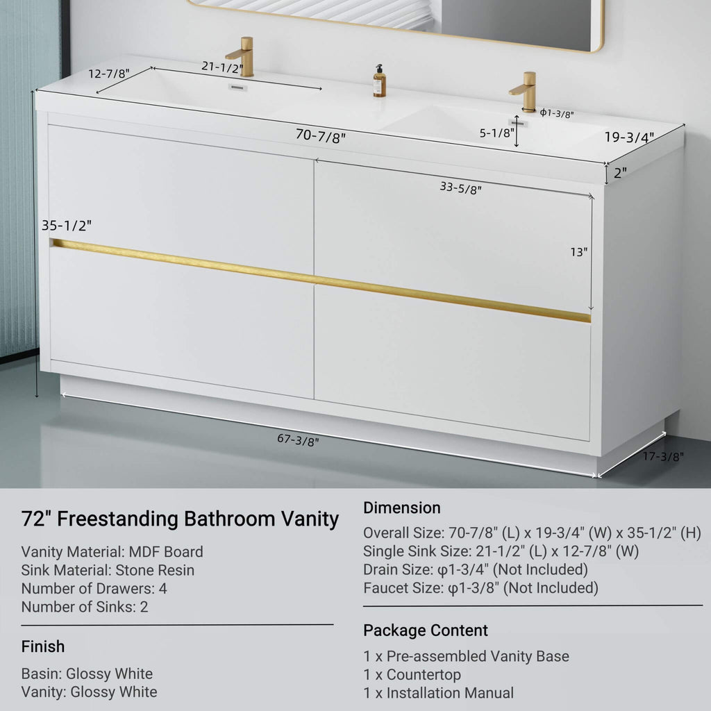Nuvia 72-Inch White Freestanding Bathroom Vanity With Sink And Stone Resin Countertop (SAK23894)
