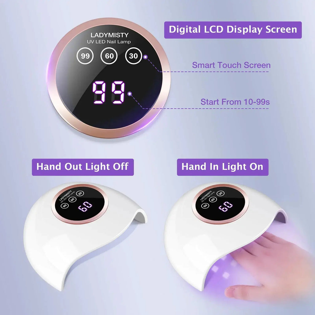 72W UV LED Nail Lamp for Gel Polish – Professional Nail Dryer with Auto Sensor, 3 Timer Settings, and LCD Touch Display – White