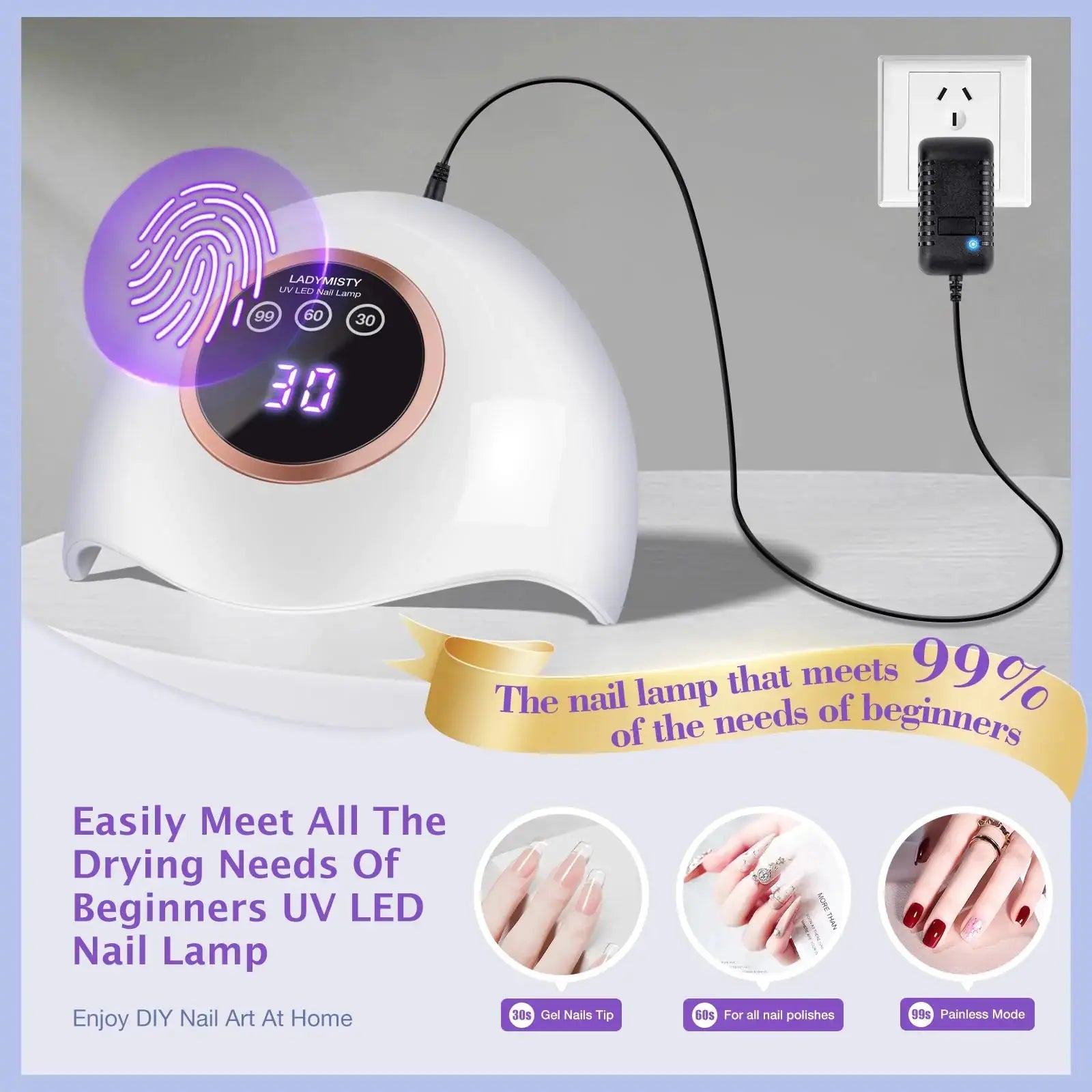 72W UV LED Nail Lamp for Gel Polish – Professional Nail Dryer with Auto Sensor, 3 Timer Settings, and LCD Touch Display – White