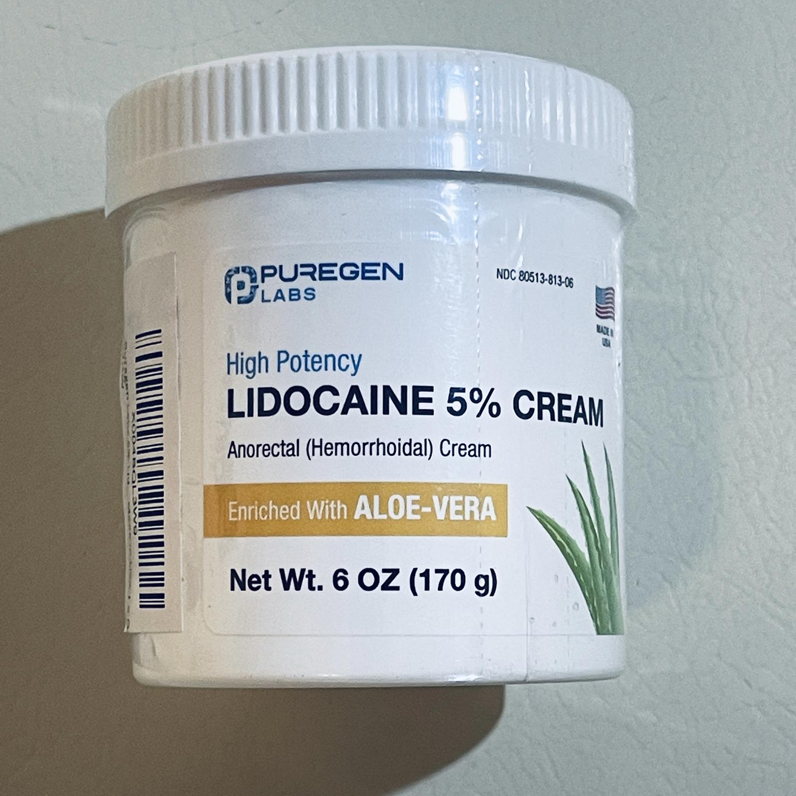 Puregen Labs Lidocaine 5% Cream with Aloe Vera 6 oz EXP 10/2026