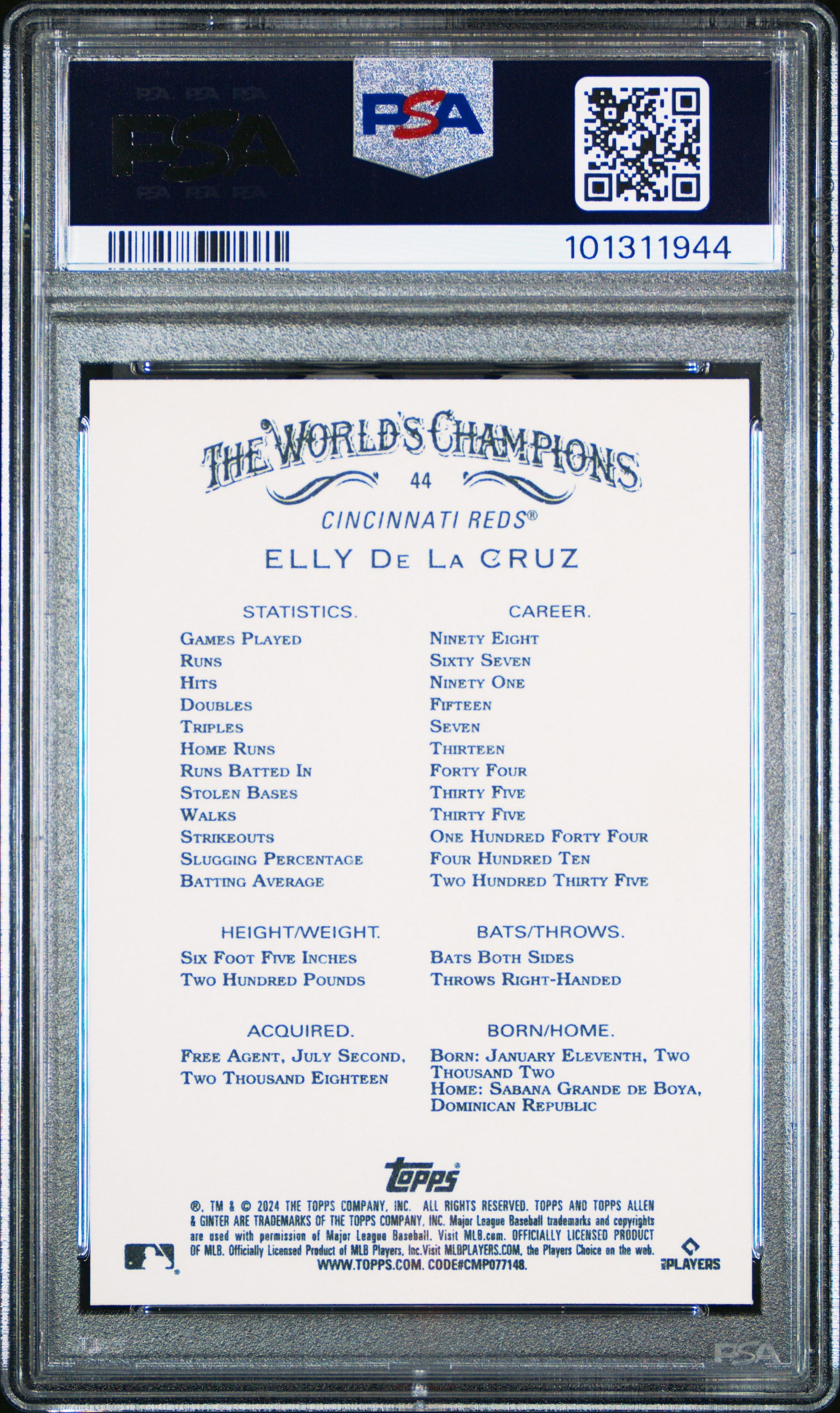 Graded 2024 Topps Allen & Ginter Elly De La Cruz #44 Rookie RC Baseball Card PSA 10 Gem Mint