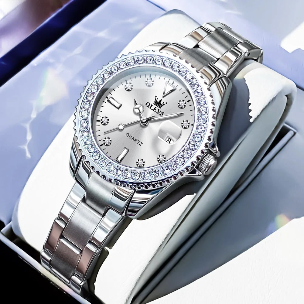 Women's Sunray Dial Zircon Bezel Steel Quartz Watch